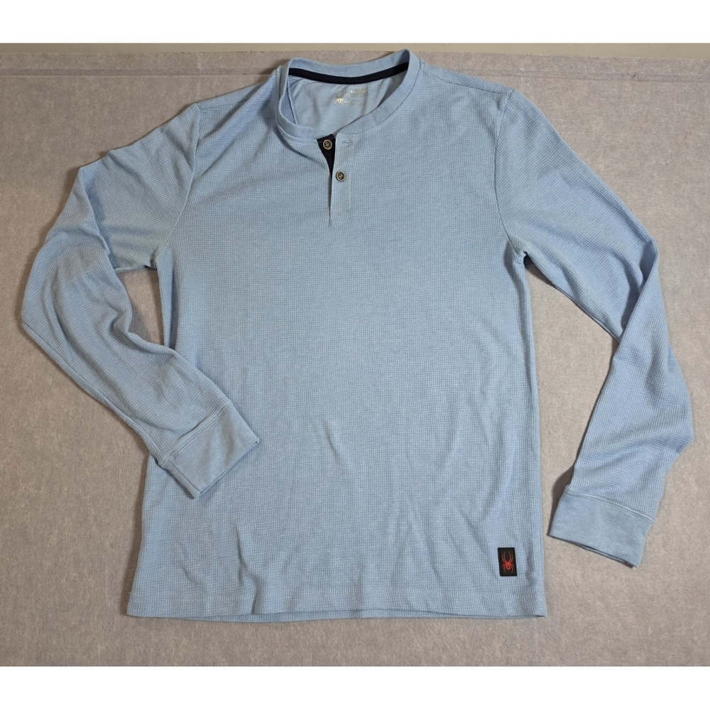 Mens SZ L Spyder Light Blue Long Sleeve Thermal Henley Shirt